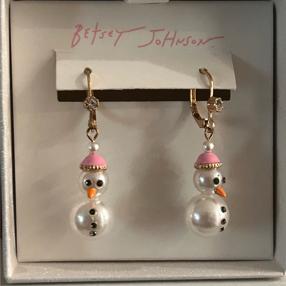 Betsey Johnson Snowman Earrings - Pink, Gold, and White
